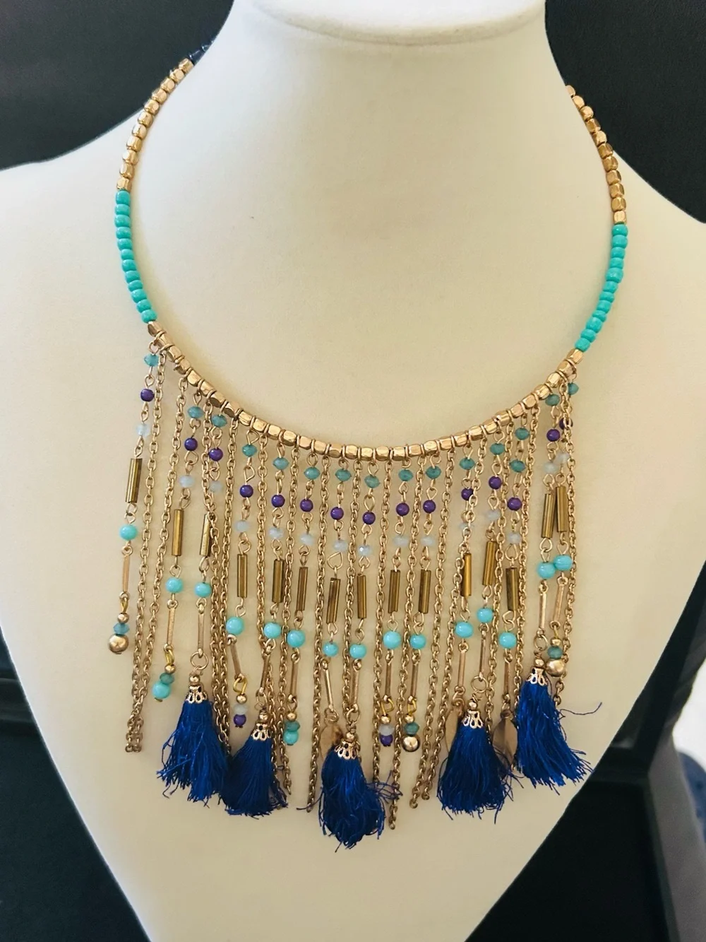 Gold & Blue Tassel Beaded Fringe Beaded Choker Necklace